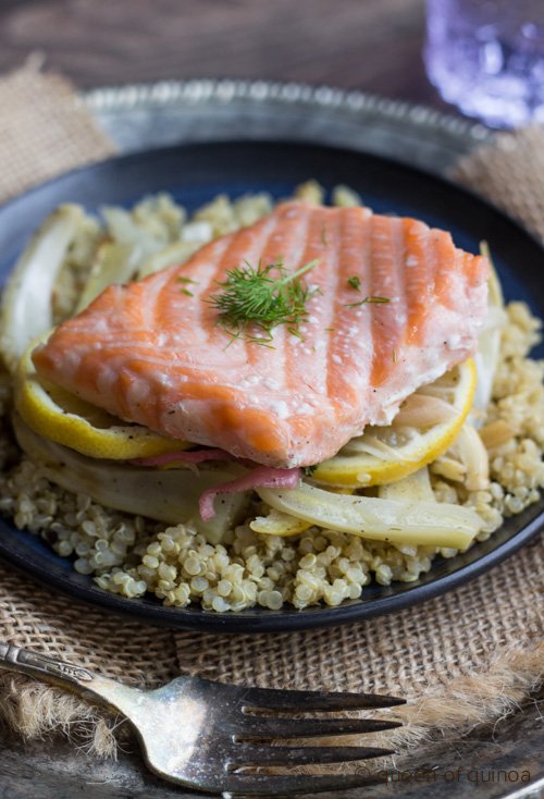 Citrus & Fennel Roasted Salmon served over a bed of Herbed Quinoa