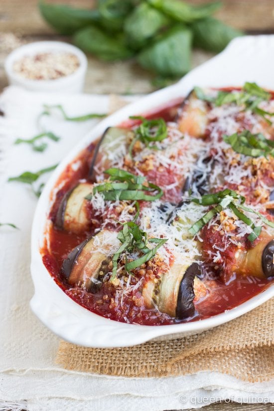 Quinoa Eggplant Rollatini stuffed with herbed goat cheese and arugula - a simple weeknight meal