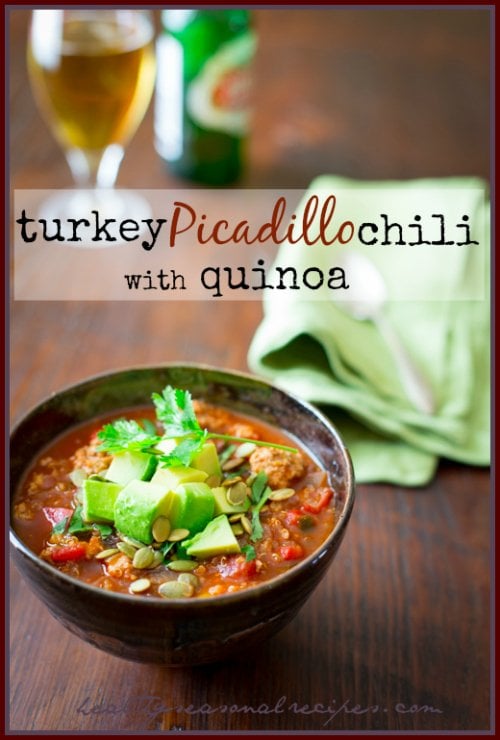 Turkey Picadillo Quinoa Chili - a hearty, warm-weather chili made healthy with quinoa and ground turkey. Perfect for game day!