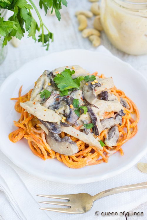 Chicken & Mushrooms served over low-carb sweet potato noodles in a creamy, vegan alfredo sauce (thickened with quinoa)