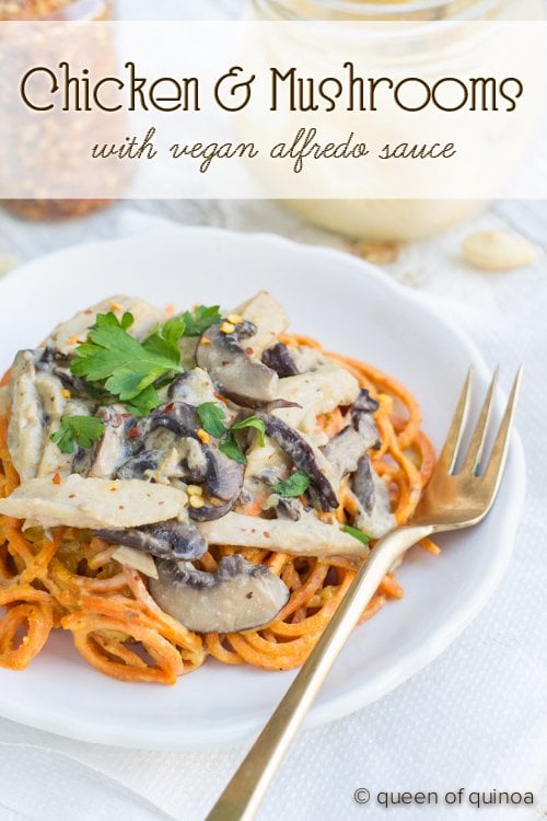 Chicken & Mushrooms served over low-carb sweet potato noodles in a creamy, vegan alfredo sauce (thickened with quinoa)